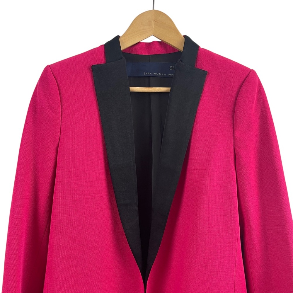 Zara Woman Studio Pink Blue Satin Lapel Women’s 100% Wool Blazer Jacket Sz XS - Picture 4 of 11